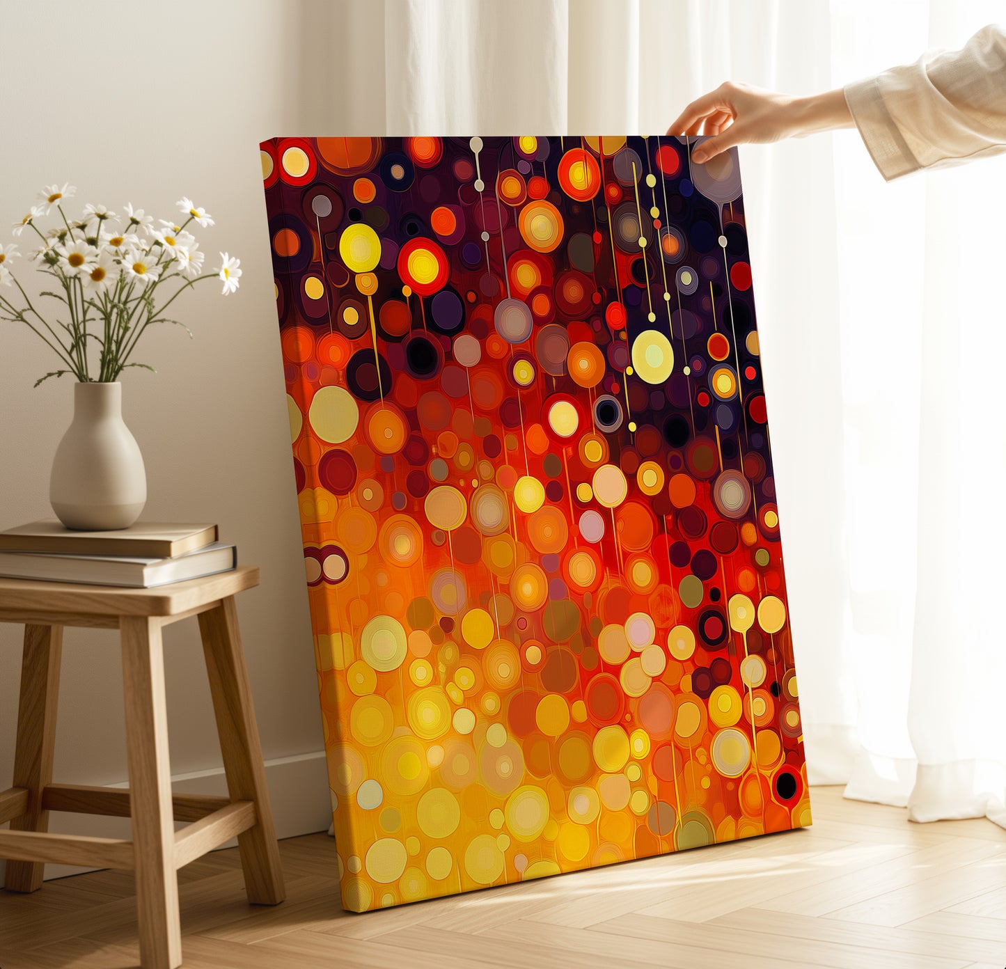 Vibrant Sunset Dot Canvas – Japanese Style Abstract Wall Art