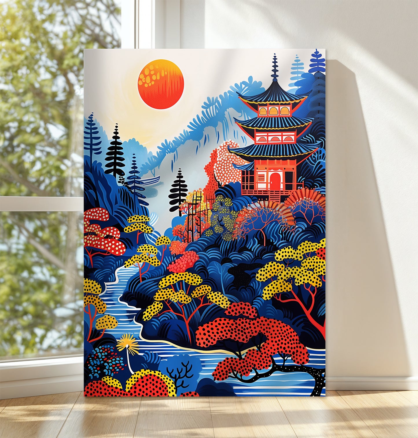 Sunlit Japanese Temple Canvas – Scenic Pagoda Forest Wall Art Print