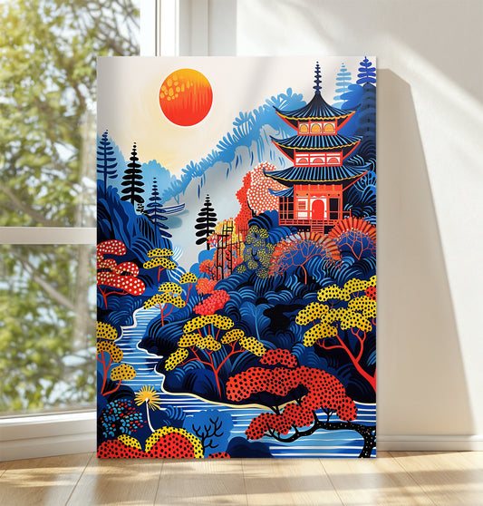 Sunlit Japanese Temple Canvas – Scenic Pagoda Forest Wall Art Print