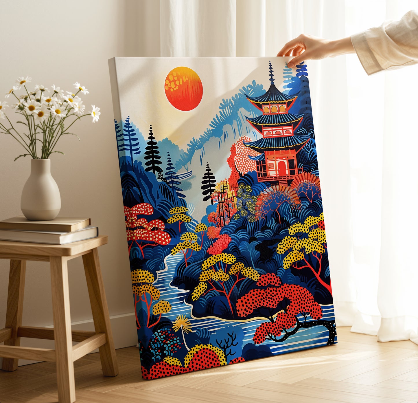 Sunlit Japanese Temple Canvas – Scenic Pagoda Forest Wall Art Print