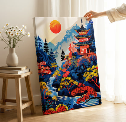 Sunlit Japanese Temple Canvas – Scenic Pagoda Forest Wall Art Print