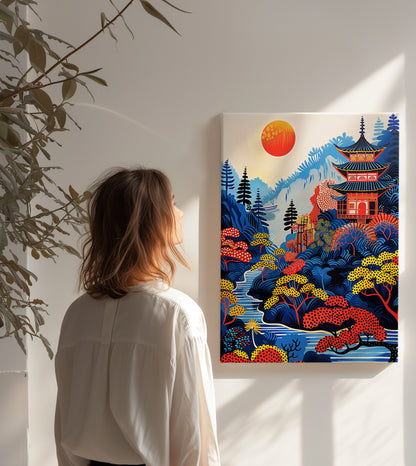 Sunlit Japanese Temple Canvas – Scenic Pagoda Forest Wall Art Print