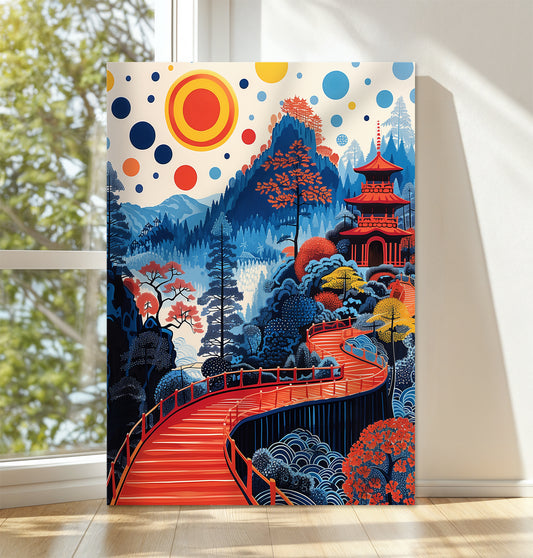 Curved Red Bridge to Pagoda – Japanese Scenic Mountain Wall Art Print