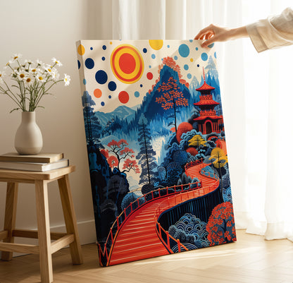 Curved Red Bridge to Pagoda – Japanese Scenic Mountain Wall Art Print