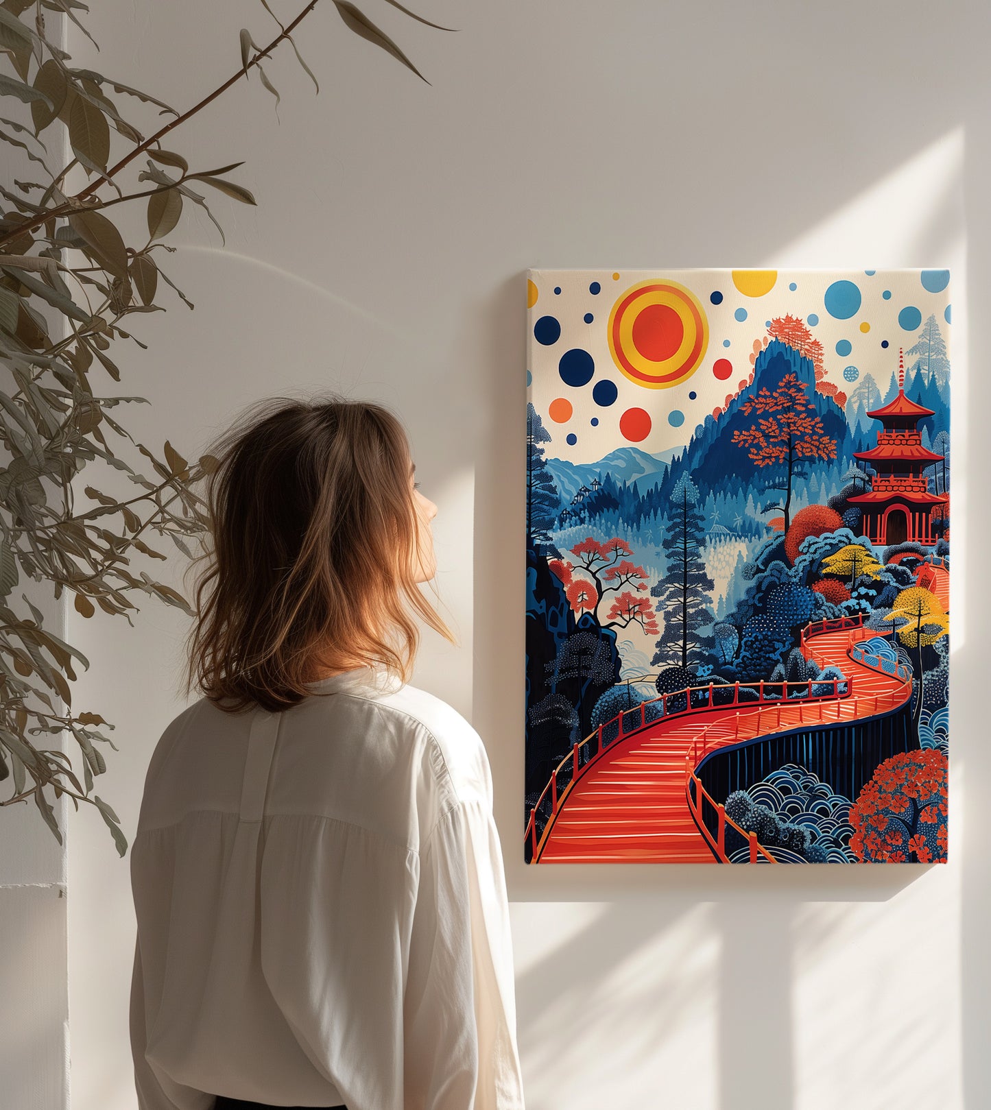 Curved Red Bridge to Pagoda – Japanese Scenic Mountain Wall Art Print