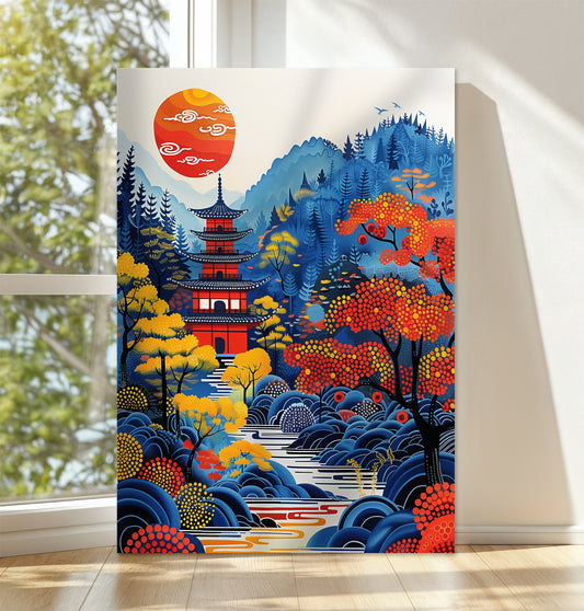 Red Pagoda Serenity – Japanese Landscape Scenic Wall Art Canvas Print