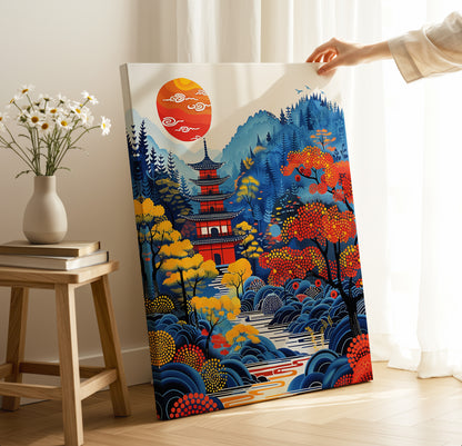 Red Pagoda Serenity – Japanese Landscape Scenic Wall Art Canvas Print