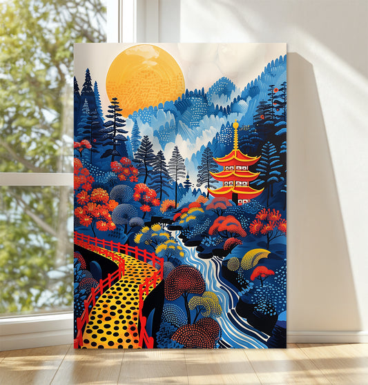 Golden Sunrise Pagoda Path – Japanese Scenic Nature Wall Art Print