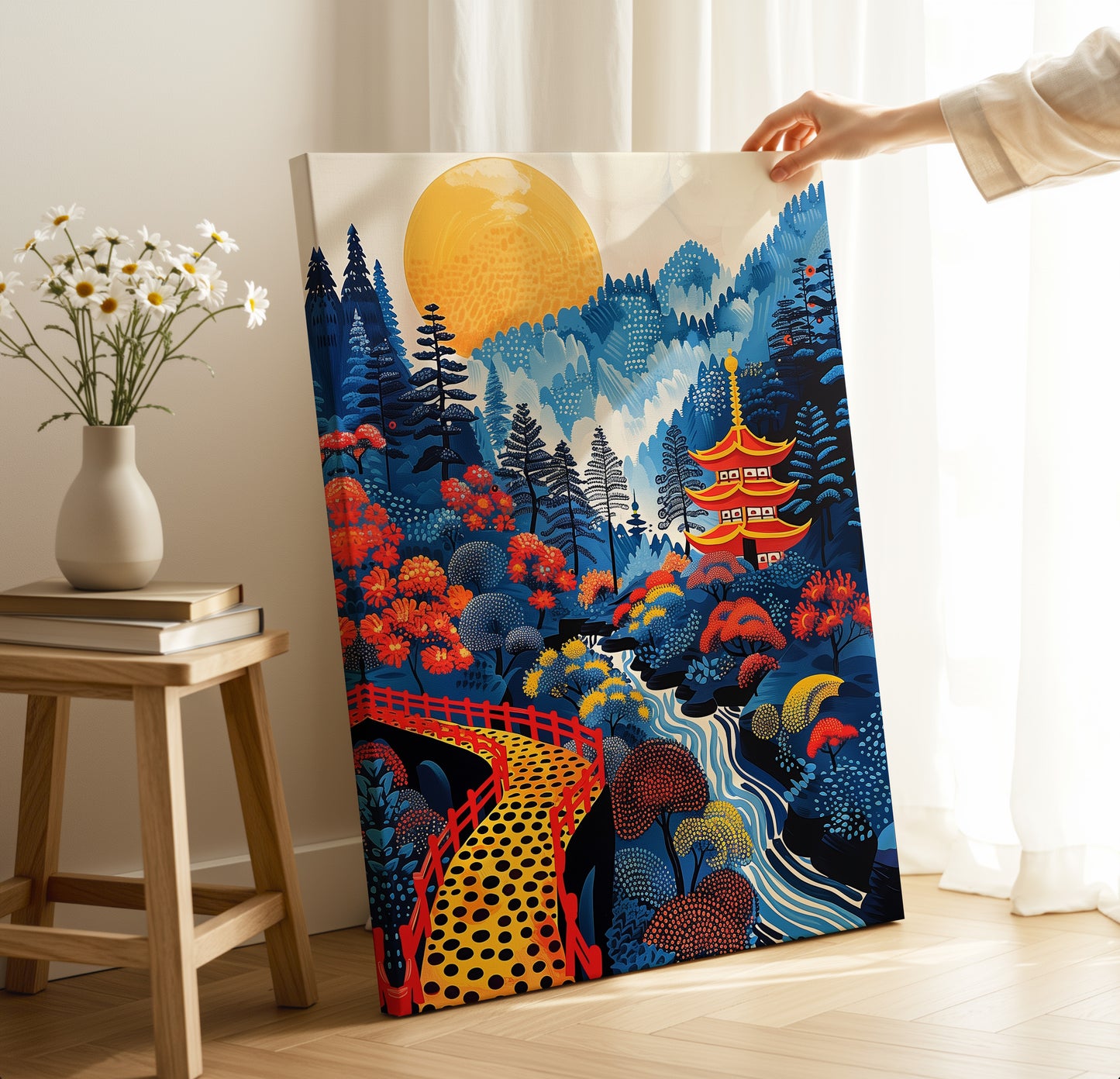 Golden Sunrise Pagoda Path – Japanese Scenic Nature Wall Art Print