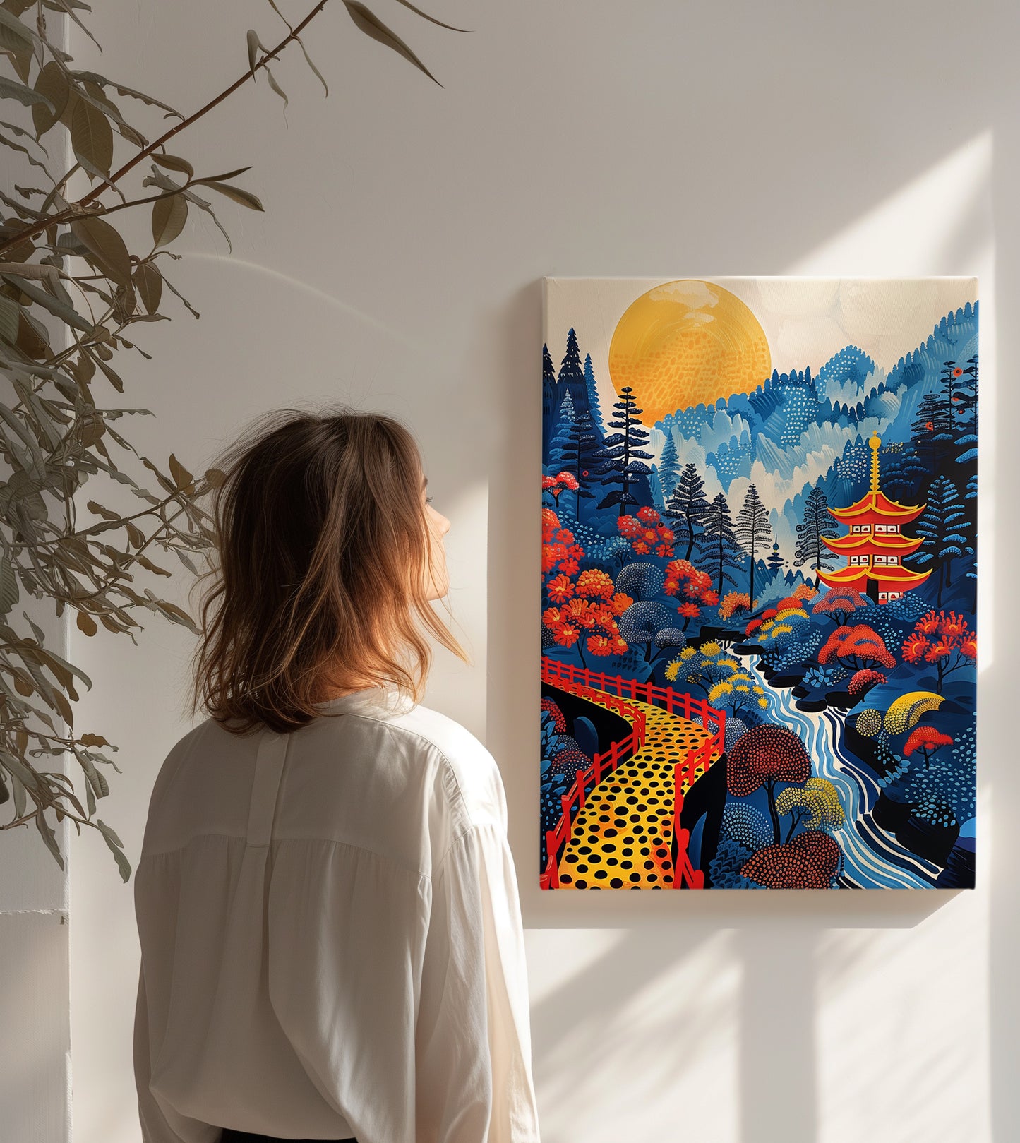 Golden Sunrise Pagoda Path – Japanese Scenic Nature Wall Art Print