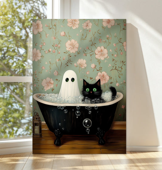Ghost & Black Cat Bathtub Canvas Print - Whimsical Gothic Wall Art - Spooky Cute Home Decor