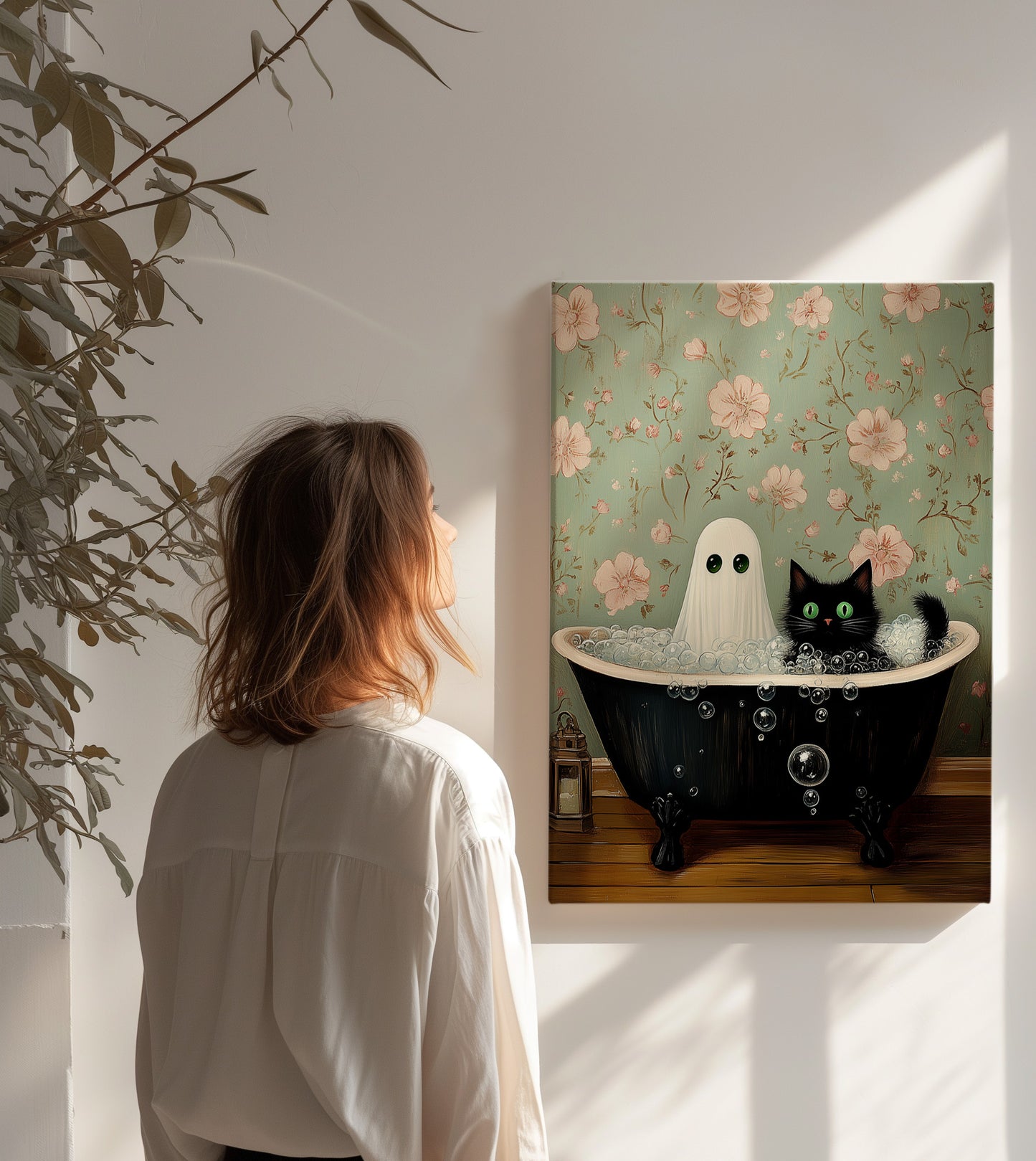 Ghost & Black Cat Bathtub Canvas Print - Whimsical Gothic Wall Art - Spooky Cute Home Decor