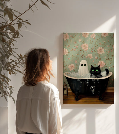 Ghost & Black Cat Bathtub Canvas Print - Whimsical Gothic Wall Art - Spooky Cute Home Decor
