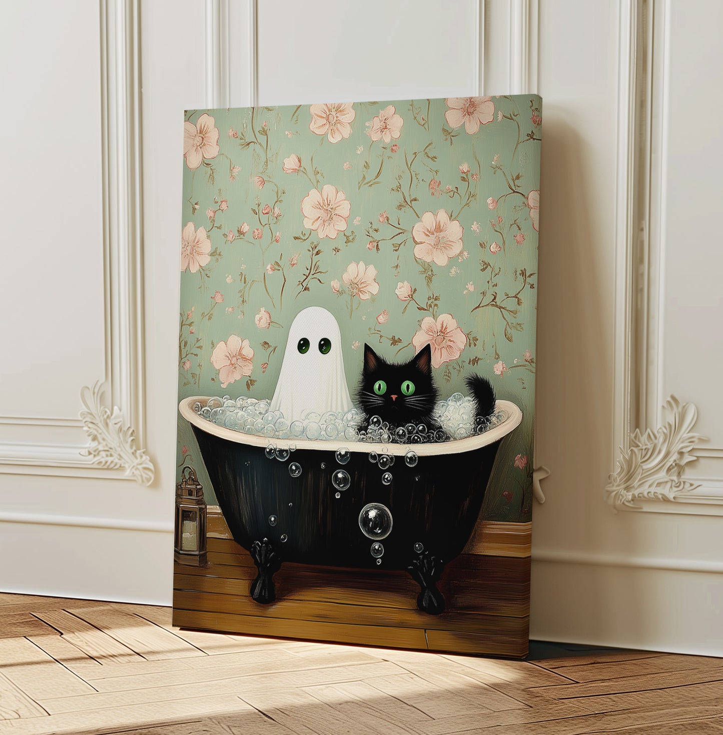 Ghost & Black Cat Bathtub Canvas Print - Whimsical Gothic Wall Art - Spooky Cute Home Decor