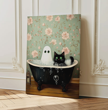 Ghost & Black Cat Bathtub Canvas Print - Whimsical Gothic Wall Art - Spooky Cute Home Decor