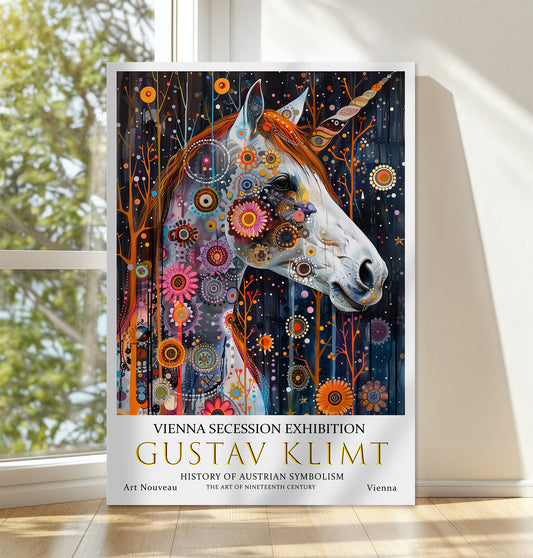 Gustav Klimt Unicorn Canvas – Mystical Floral Art Nouveau Print