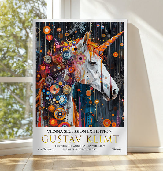 Gustav Klimt Unicorn Canvas – Starry Mythical Art Nouveau Print