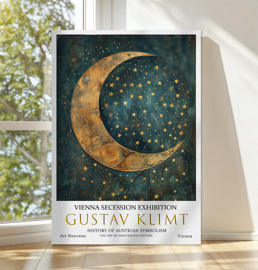 Gustav Klimt Crescent Moon Canvas – Ornate Starry Night Wall Art
