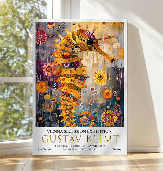 Gustav Klimt Seahorse Canvas – Vibrant Ocean Art Nouveau Print