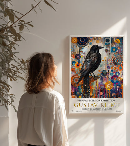 Gustav Klimt Crow Canvas – Colorful Symbolic Art Nouveau Print