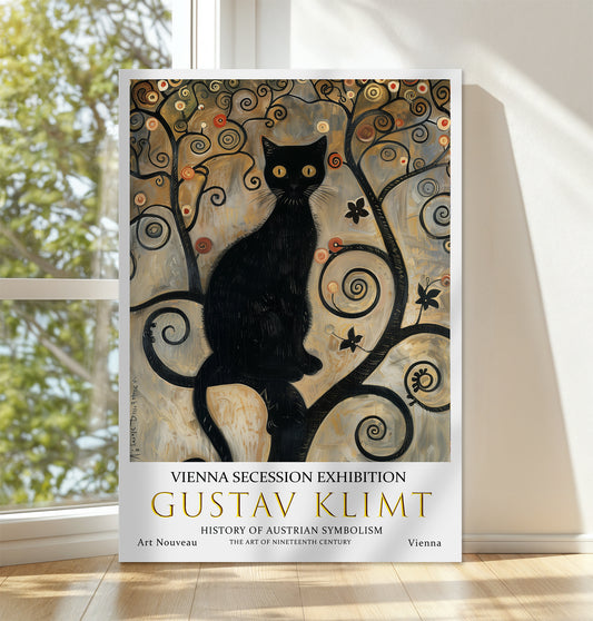 Gustav Klimt Black Cat Canvas – Whimsical Art Nouveau Wall Art