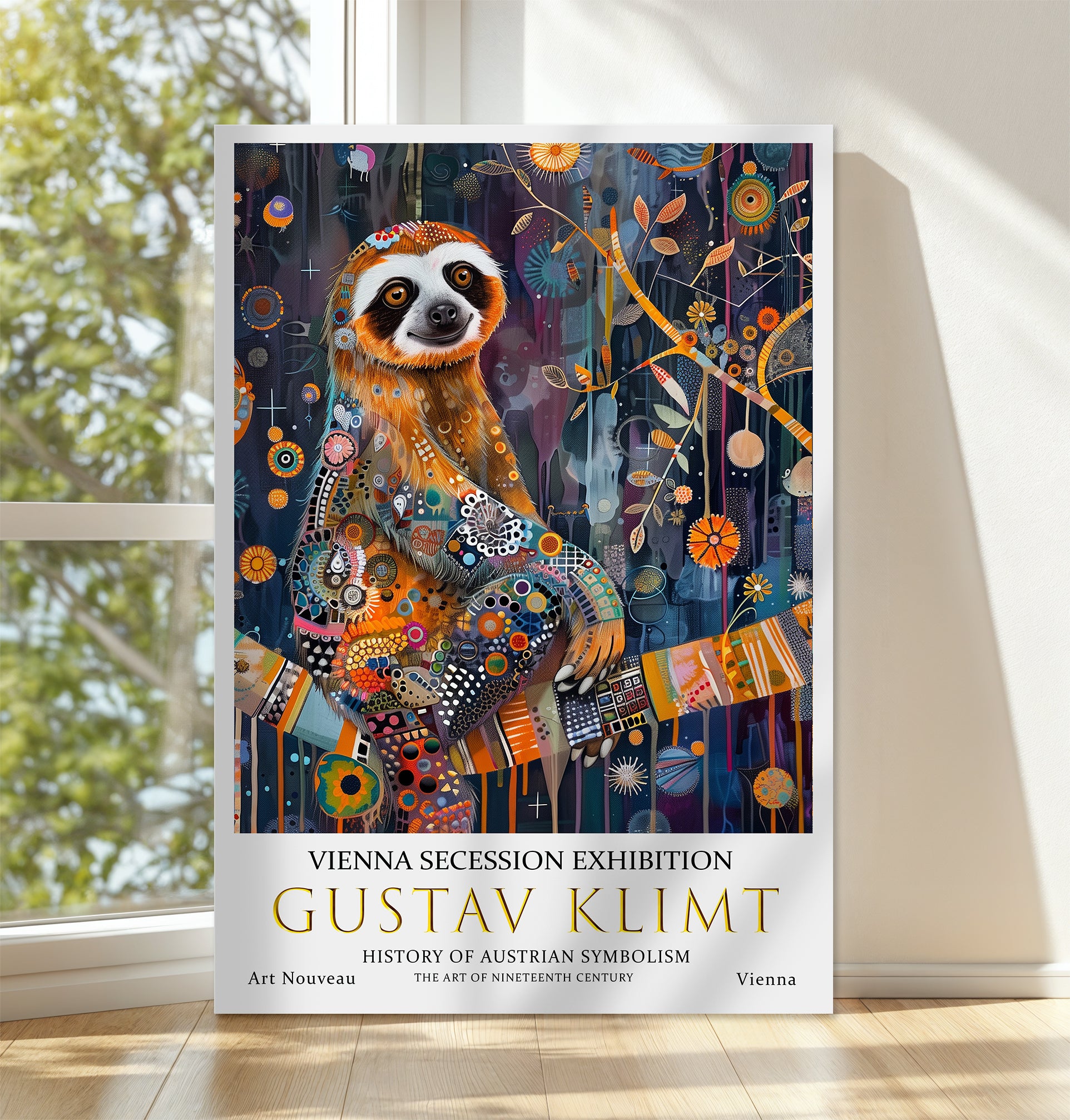 Gustav Klimt Sloth Wall Art – Whimsical Symbolist Jungle Decor