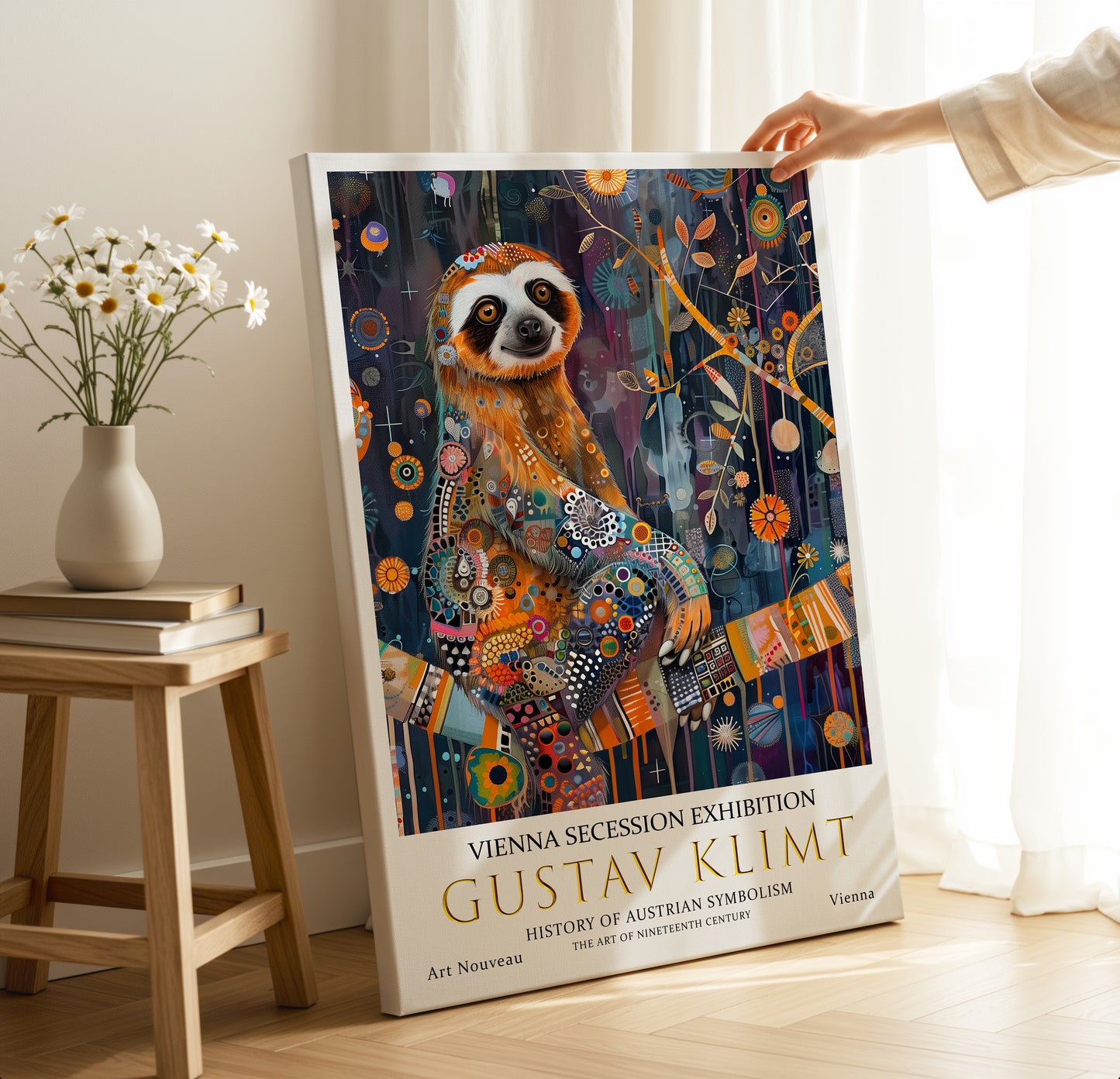 Gustav Klimt Sloth Wall Art – Whimsical Symbolist Jungle Decor