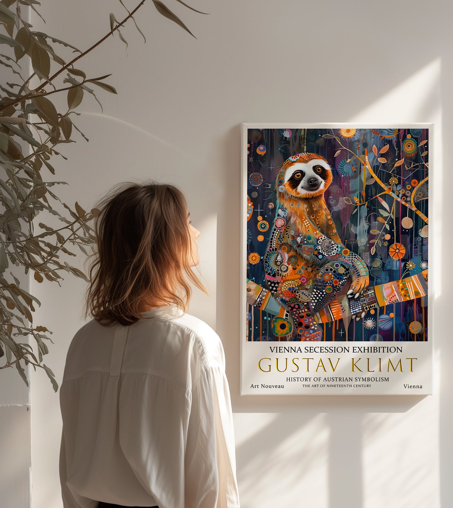 Gustav Klimt Sloth Wall Art – Whimsical Symbolist Jungle Decor