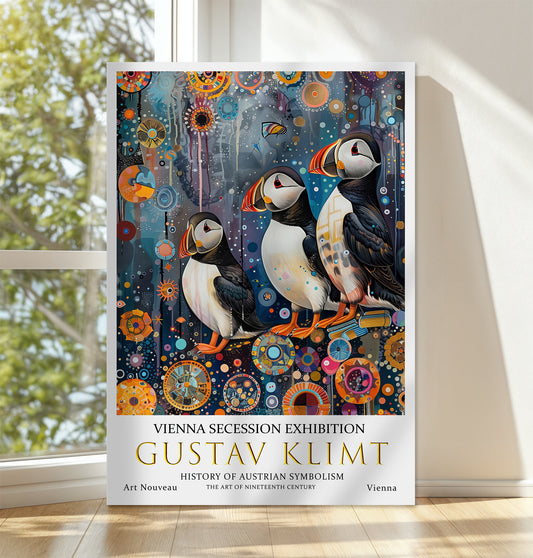 Gustav Klimt Puffin Wall Art – Nordic Coastal Birds in Gold Style