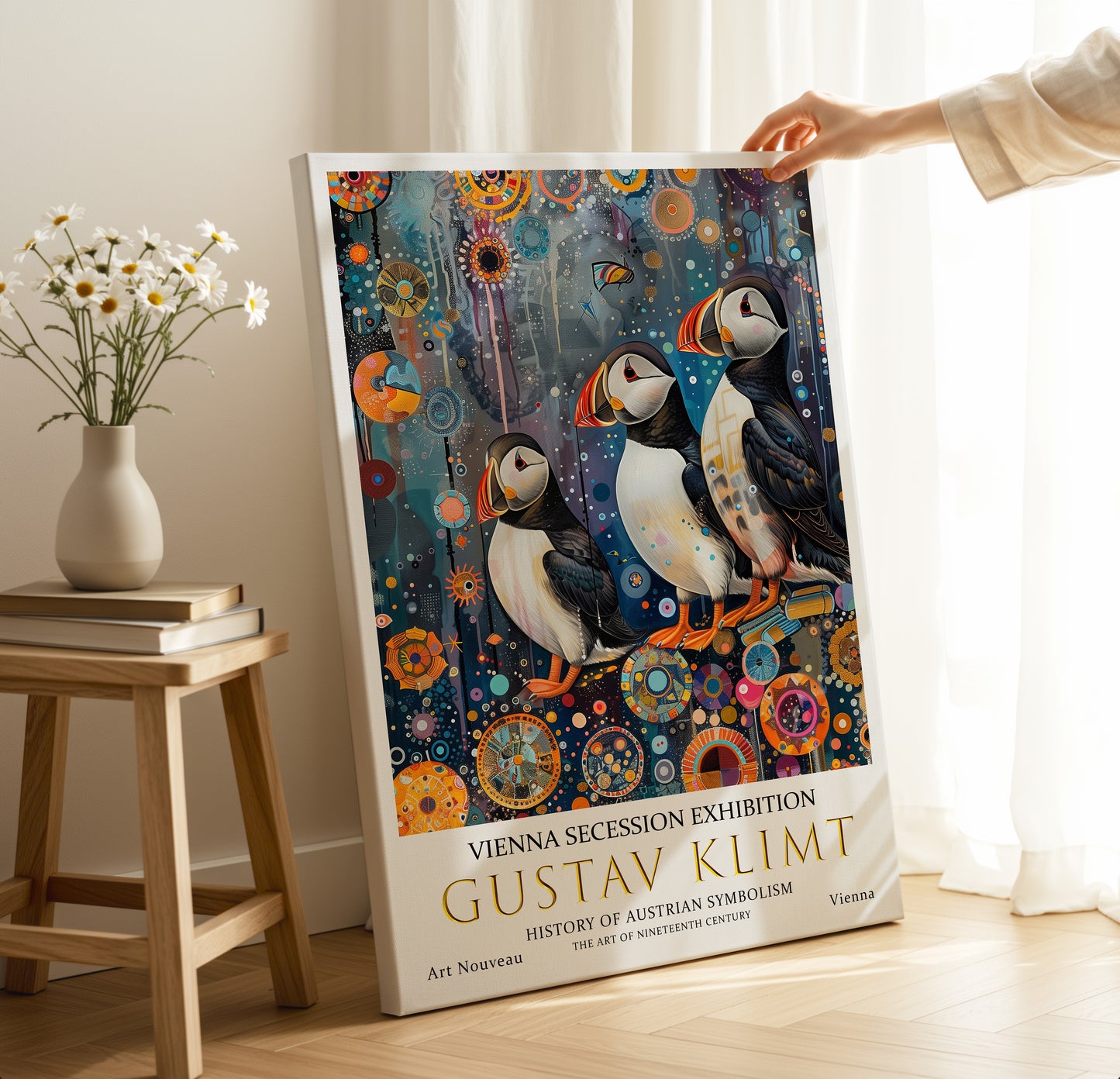 Gustav Klimt Puffin Wall Art – Nordic Coastal Birds in Gold Style