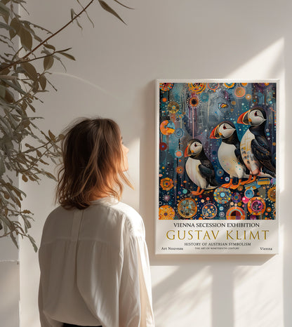 Gustav Klimt Puffin Wall Art – Nordic Coastal Birds in Gold Style