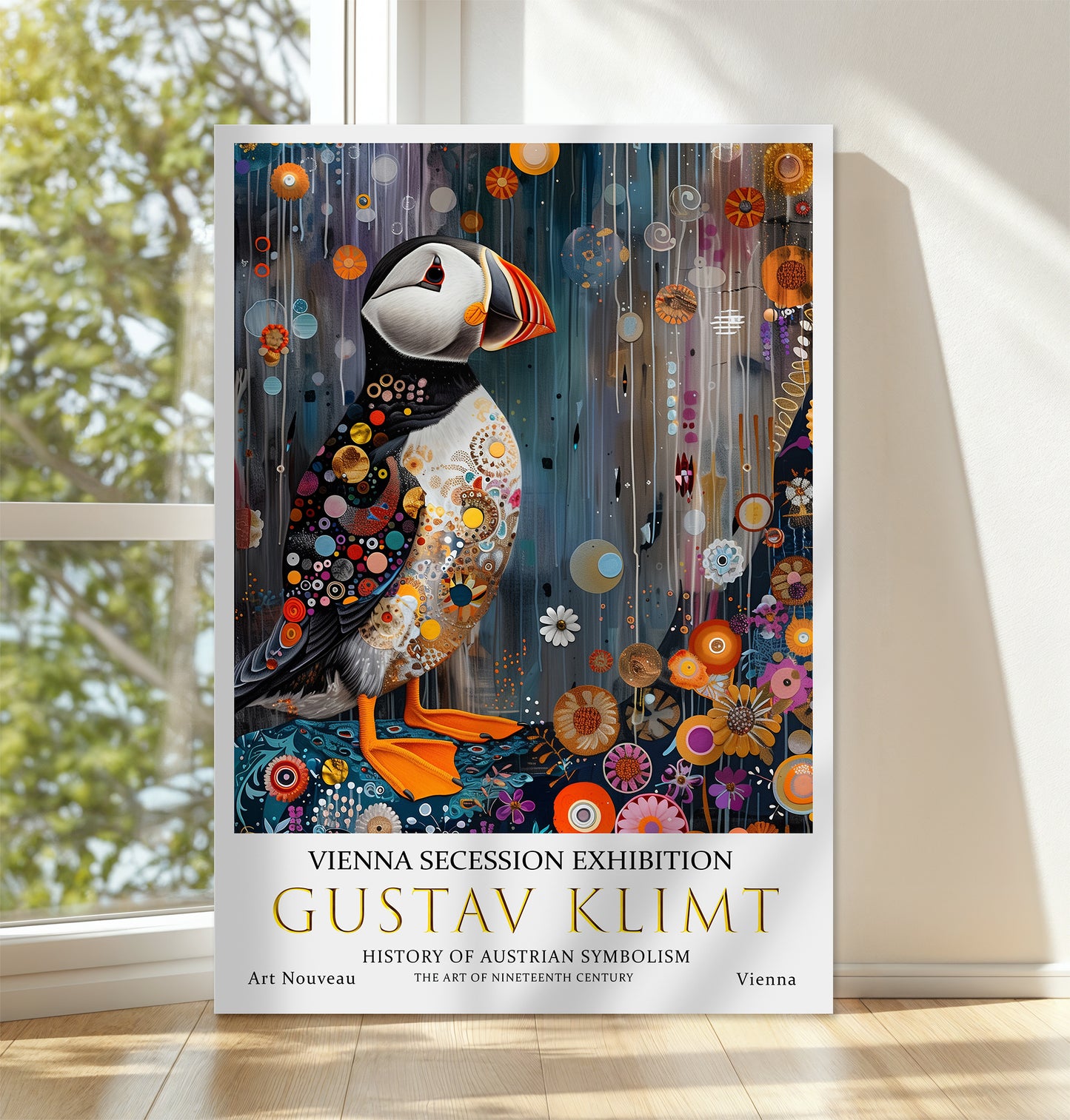 Gustav Klimt Puffin Poster – Art Nouveau Wildlife Wall Decor