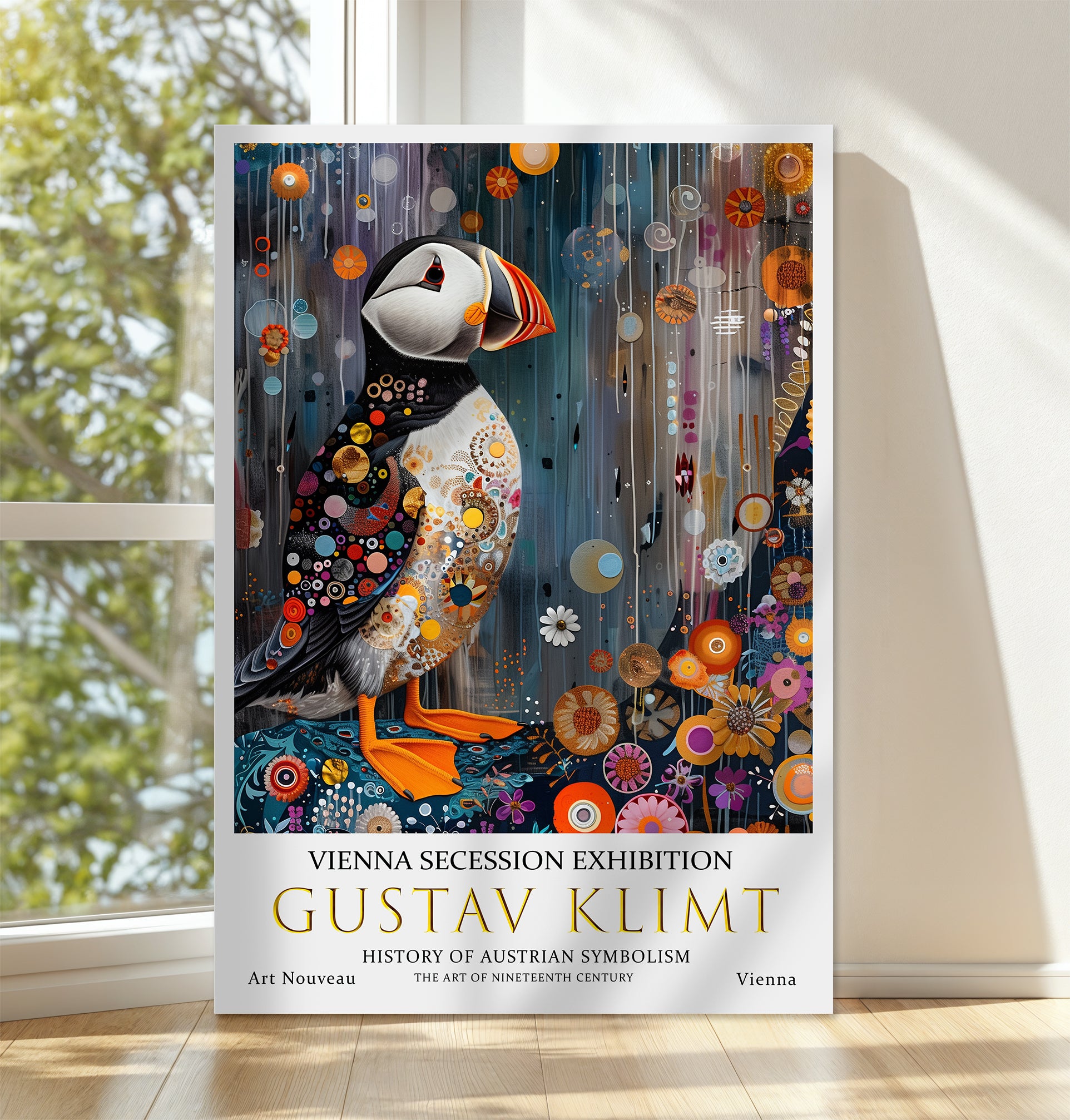 Gustav Klimt Puffin Poster – Art Nouveau Wildlife Wall Decor
