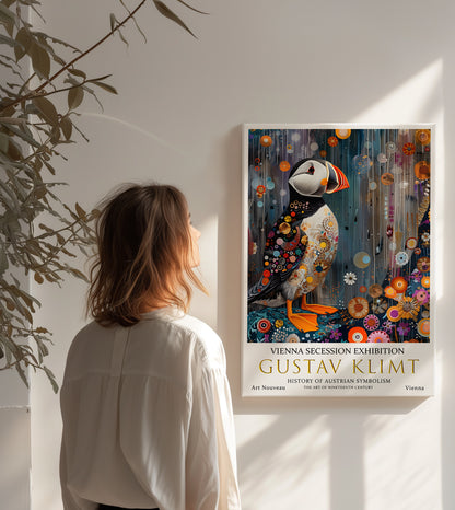 Gustav Klimt Puffin Poster – Art Nouveau Wildlife Wall Decor