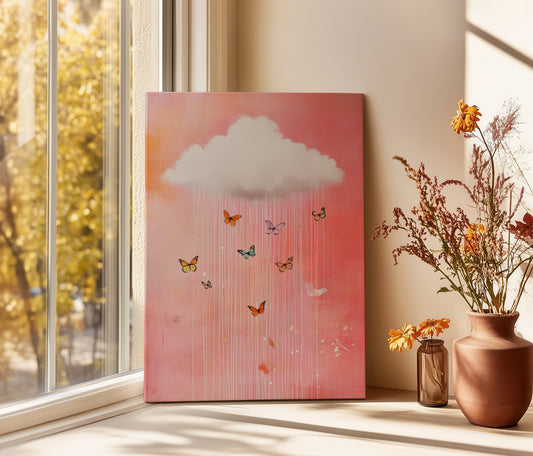 Butterfly Rain Canvas Art – Pink Cloud Wall Decor for Bedroom or Living Room