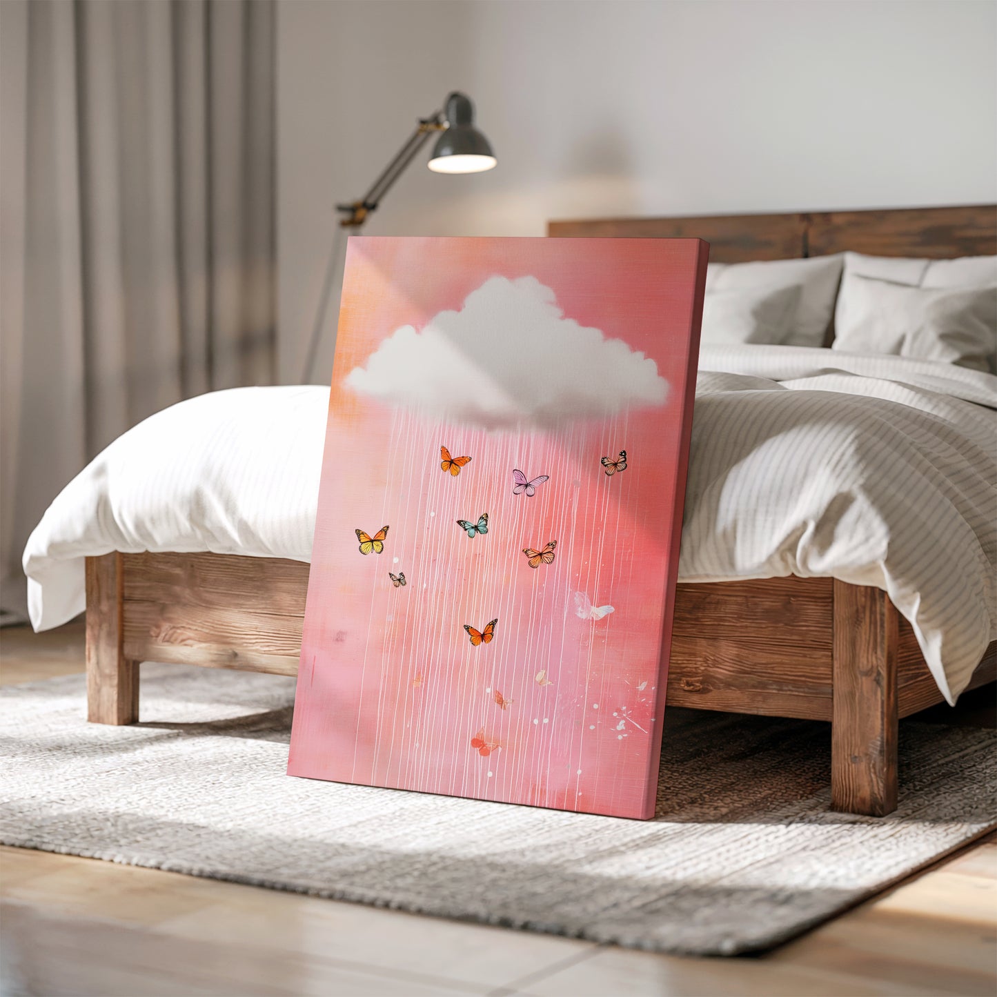Butterfly Rain Canvas Art – Pink Cloud Wall Decor for Bedroom or Living Room