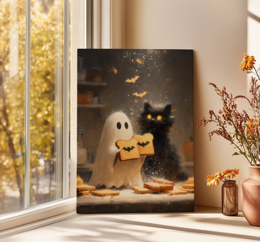 Ghost Halloween Canvas Print – Cosy Autumn Kitchen Décor - Spooky Wall Art - Cottagecore Print