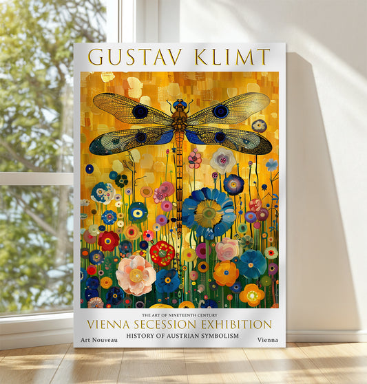 Gustav Klimt Dragonfly Canvas – Golden Floral Art Nouveau Art
