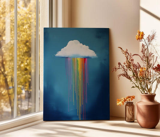 Rainbow Rain Cloud Canvas Wall Art – Colorful Abstract Cloud Painting for Home Decor