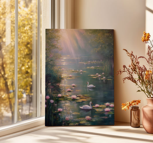 Swan Lake Canvas Print – Cottagecore Nature Wall Art - Home Decor - Whimsical Painting