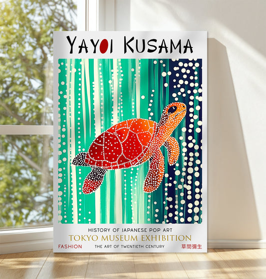 Yayoi Kusama poster with a turtle design in a room with a window and plant.