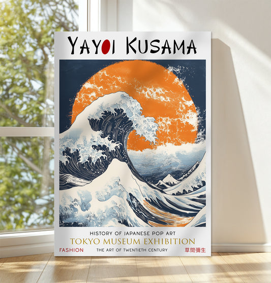 Japanese Wave Canvas – Bold Ocean Print with Orange Sun Wall Art