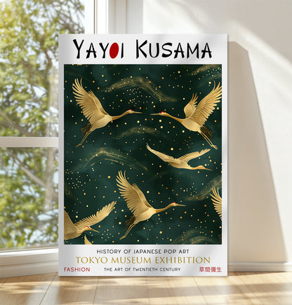 Golden Cranes in Flight Japanese Style Dark Green Canvas Wall Art