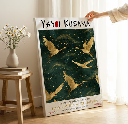 Golden Cranes in Flight Japanese Style Dark Green Canvas Wall Art