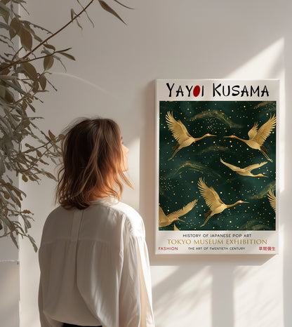 Golden Cranes in Flight Japanese Style Dark Green Canvas Wall Art