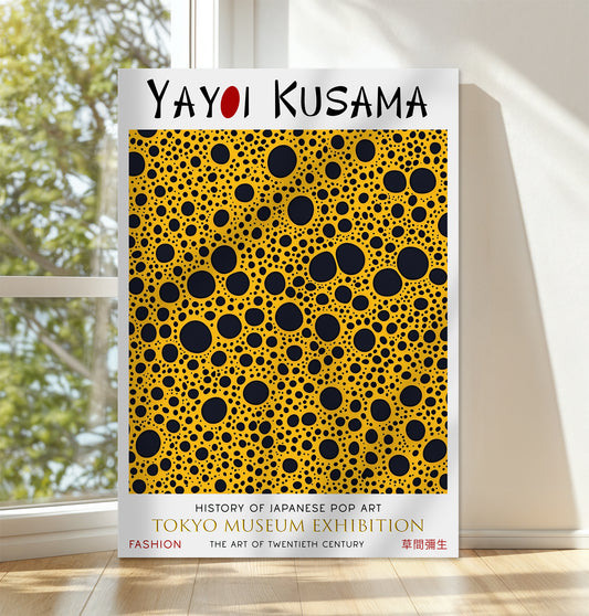 Bold Yellow and Black Polka Dot Abstract Japanese Art Canvas Print