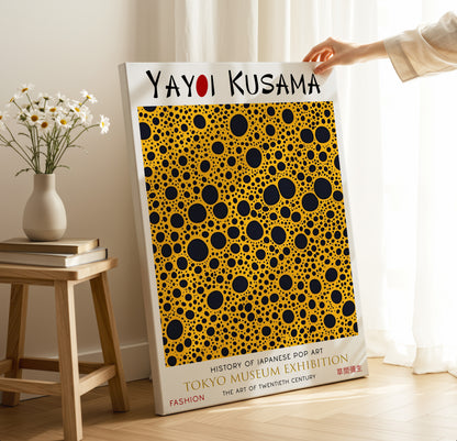 Bold Yellow and Black Polka Dot Abstract Japanese Art Canvas Print