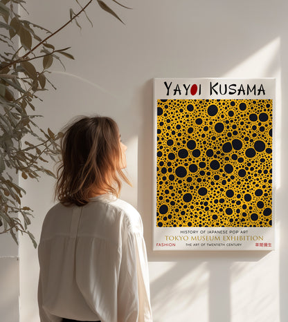 Bold Yellow and Black Polka Dot Abstract Japanese Art Canvas Print