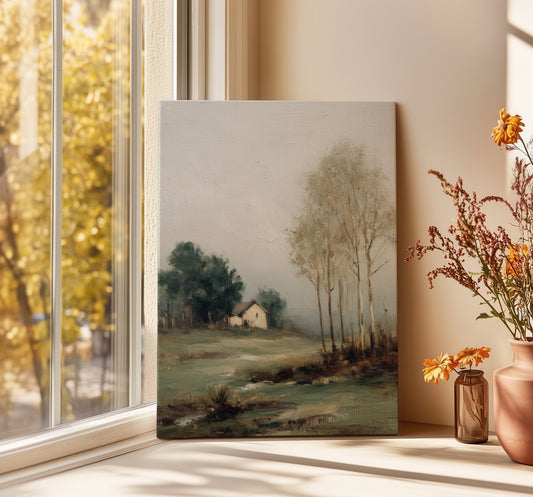 Painting of a landscape with trees and a house on a windowsill with natural light.