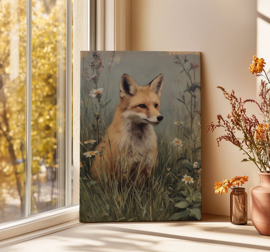 Canvas print of a fox in a natural setting on a windowsill with decorative vases.